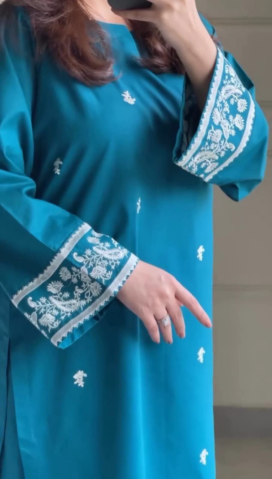 Teal Blue Embroidered Lawn 3-Piece Suit with Chiffon Dupatta - Image 3