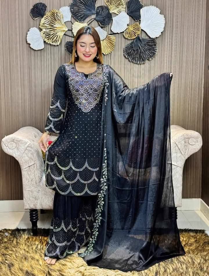 White Gold Indian Jorjet Stone Work Ready Dress (Maroon & Black Variants) - Image 2