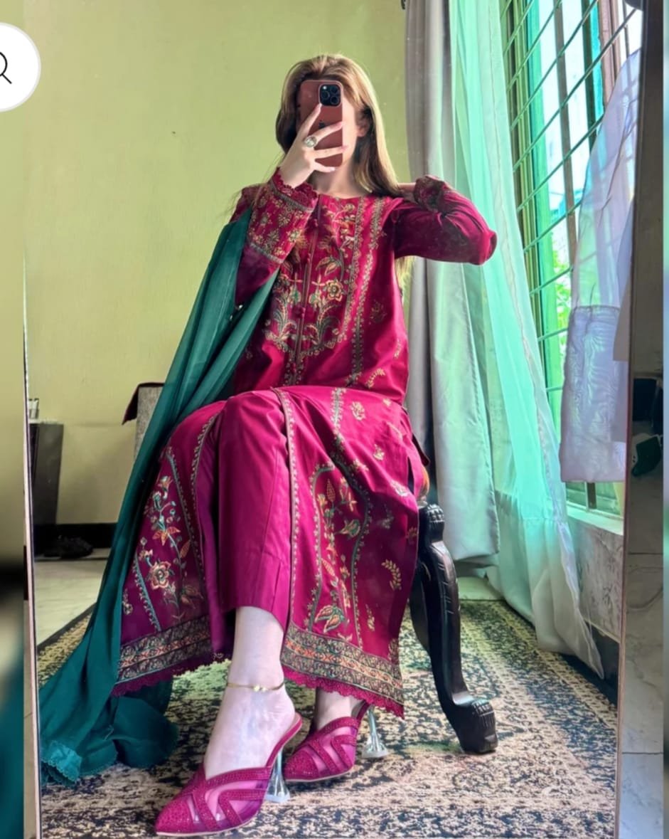 Luxury Embroidered 3-Piece Dress Set – Deep Magenta Edition - Image 4