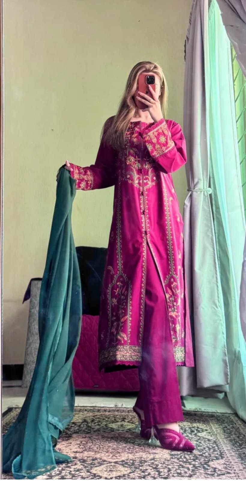 Luxury Embroidered 3-Piece Dress Set – Deep Magenta Edition - Image 3