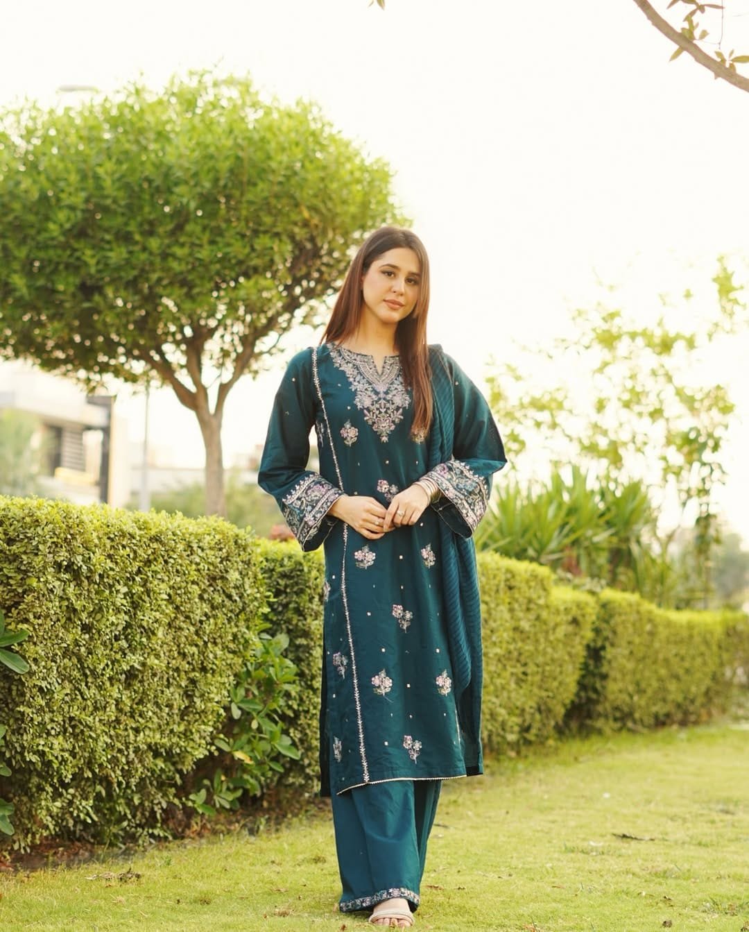 Embroidered Soft Cotton 3-Piece Suit-deep teal or dark turquoise - Image 5