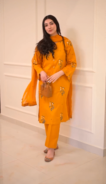 Mustard Floral Embroidered 3-Piece stitched Cotton Suit