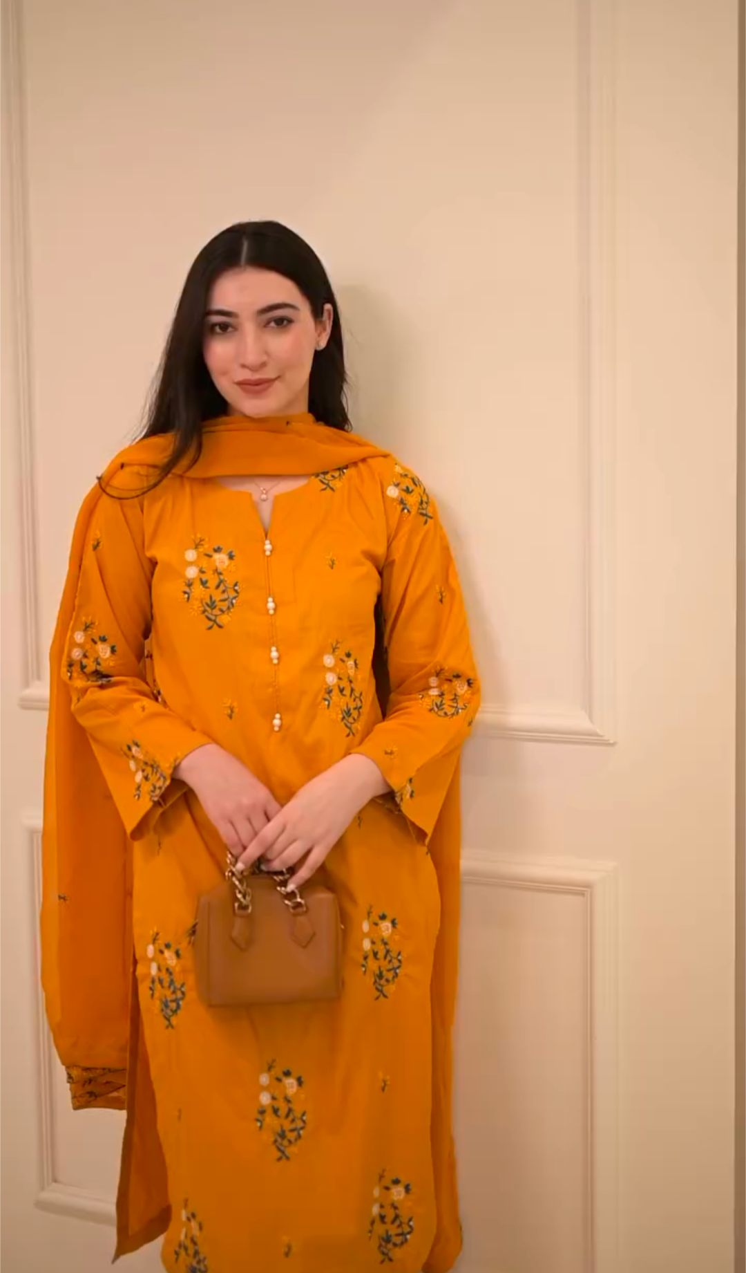 Mustard Floral Embroidered 3-Piece stitched Cotton Suit - Image 2