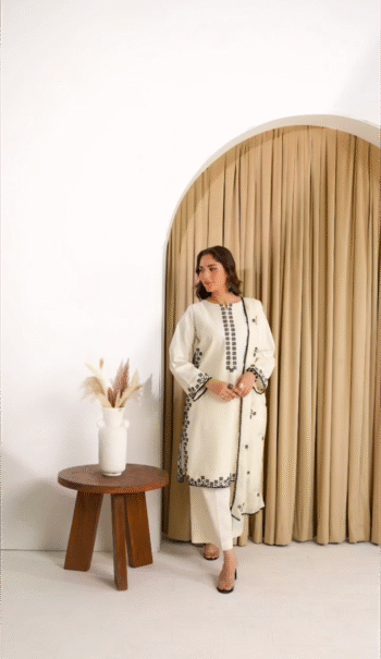 Elegant Off-White Soft Cotton 3-Piece Embroidered Suit