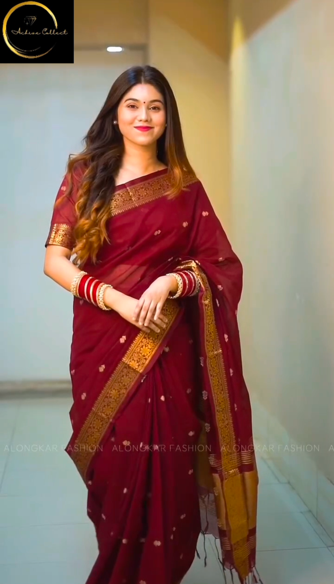 Maroon Saree with Golden Border + ব্লাউজ পিস