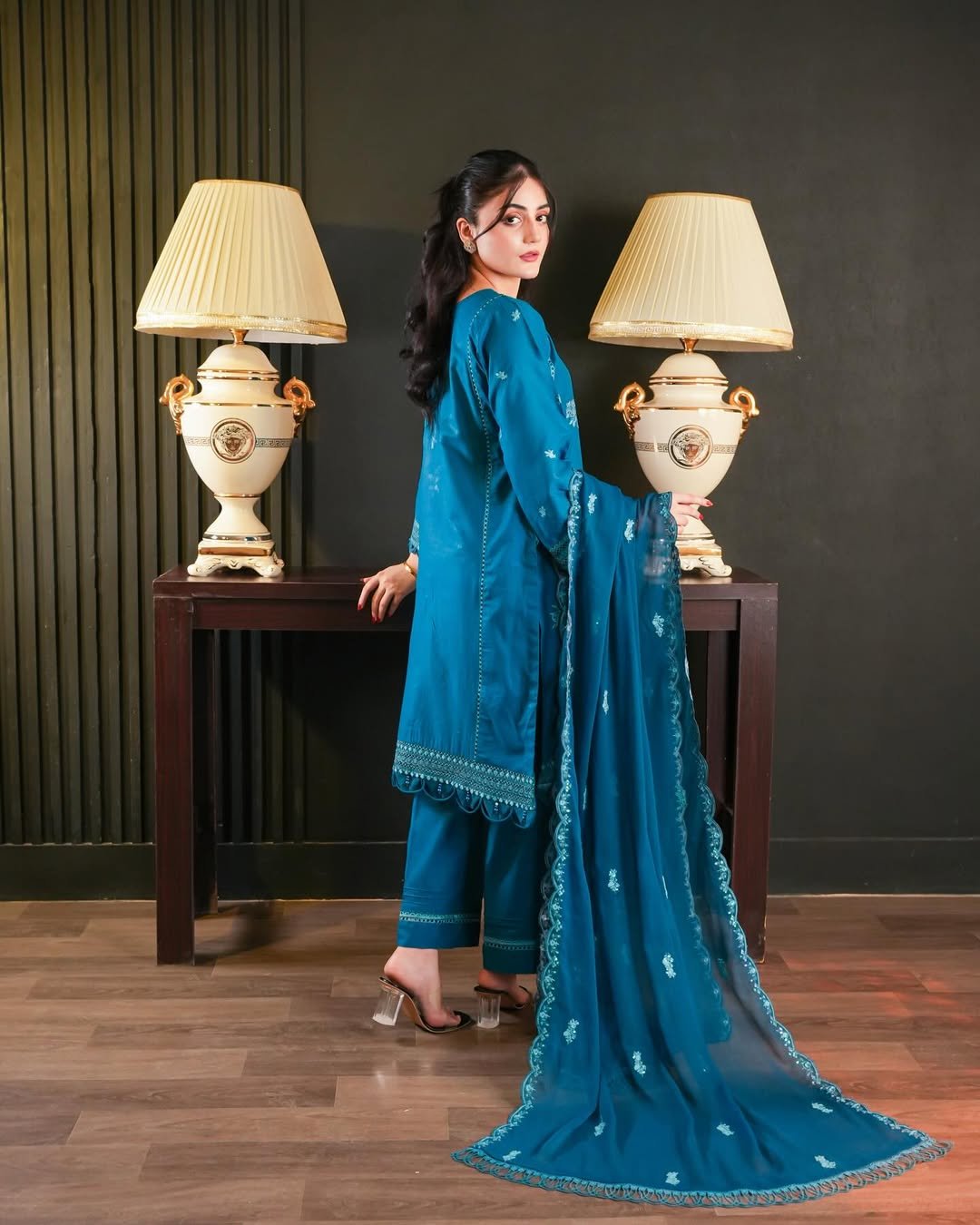 Elegant Teal Blue Embroidered 3-Piece Suit - Image 3