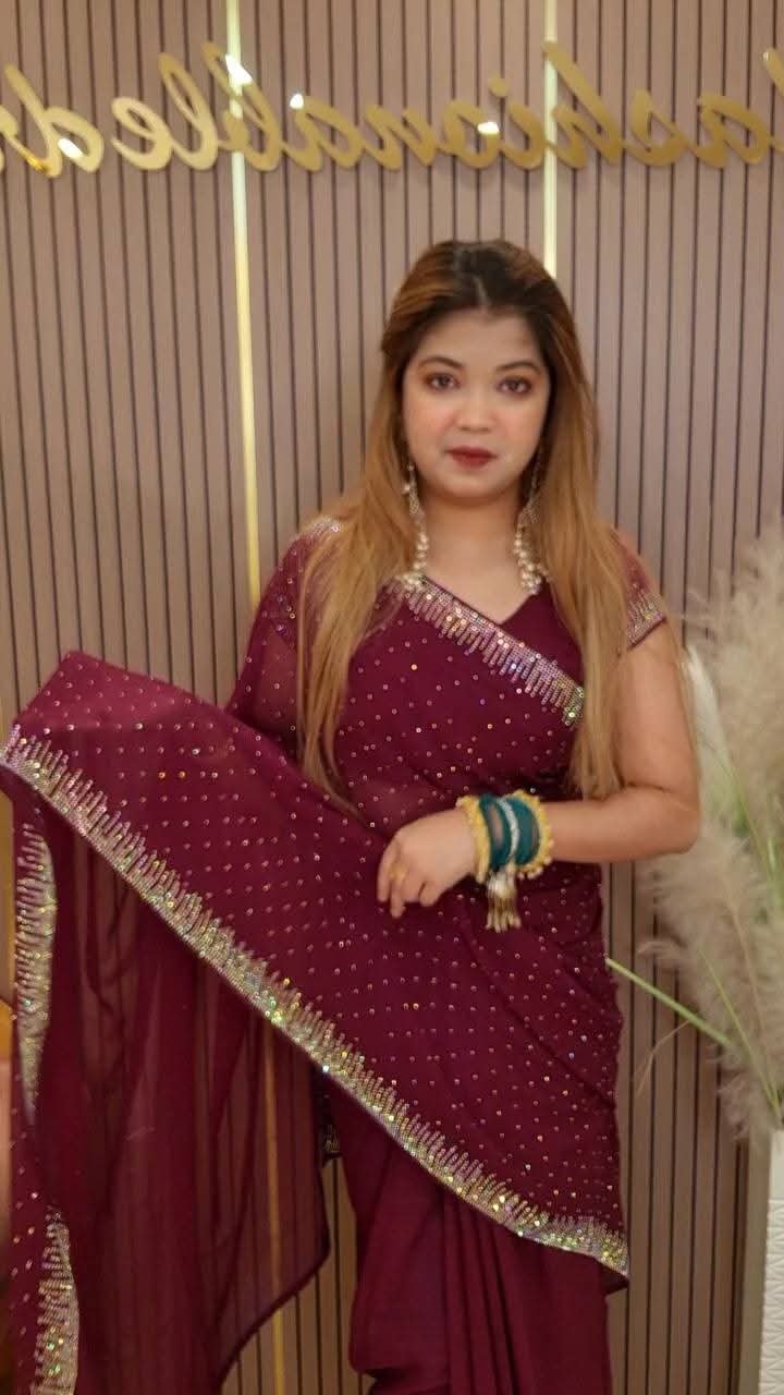 White Gold ইন্ডিয়ান জর্জেট শাড়ি – ব্লাউজ পিসসহ (R) - Image 3