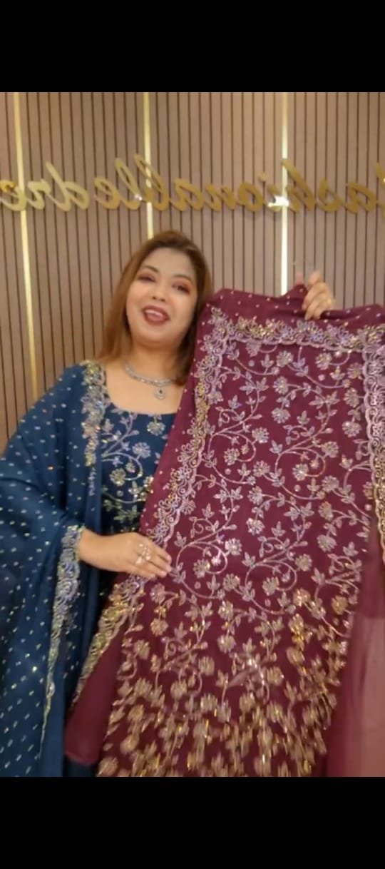 White Gold Indian Jorget Unstitch Dress with Inner - Image 3